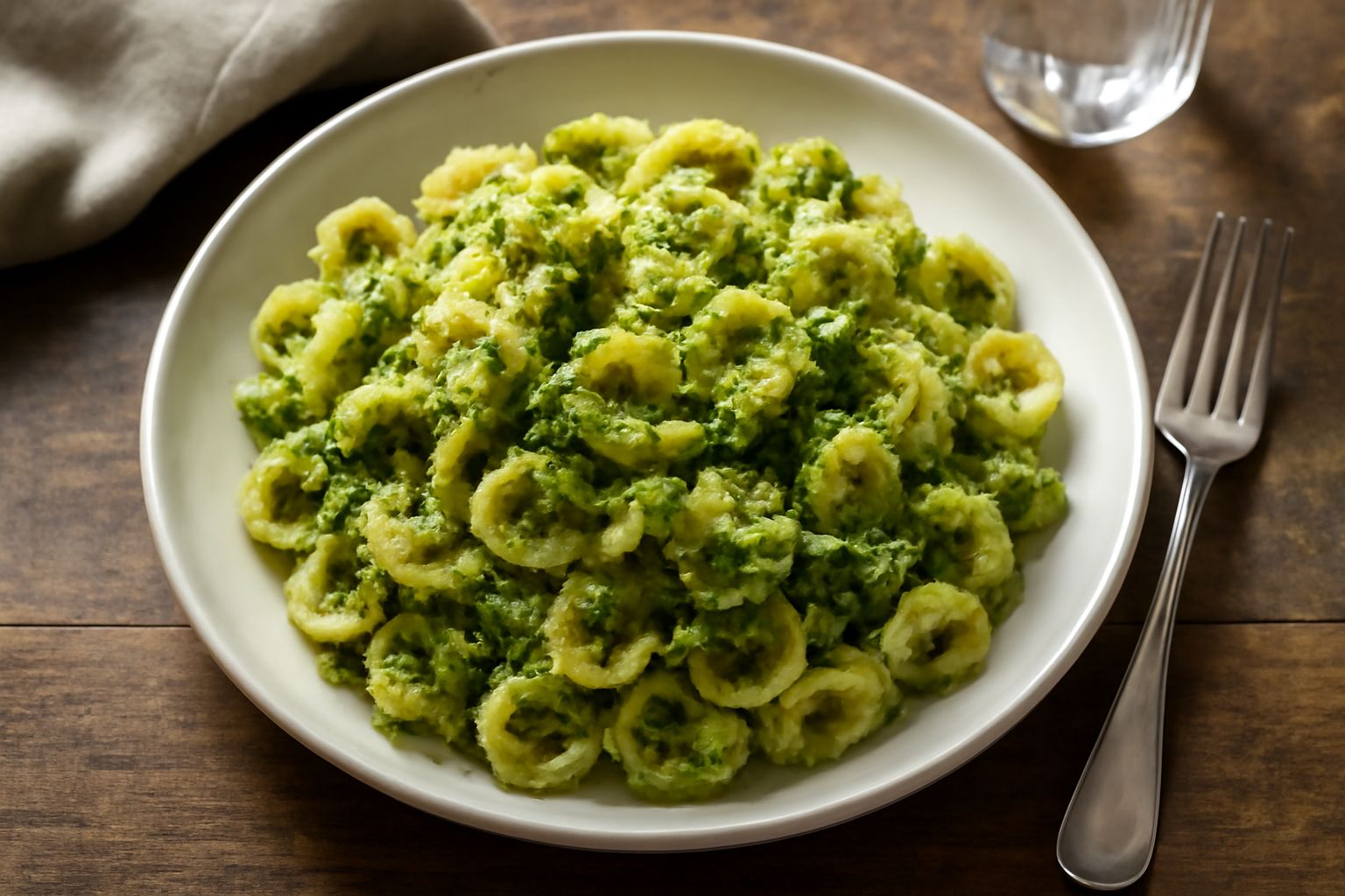 Piatto di pasta con broccoli verdi frantumati e cremosi, ricoperti di formaggio grattugiato dorato, guarnito con pepe nero macinato fresco, impiattato su un piatto bianco con base di pasta spaghetti o