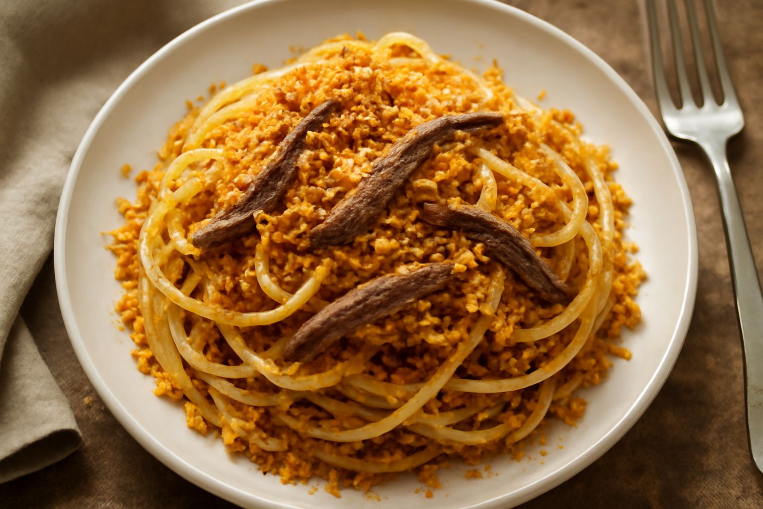 Piatto bianco con pasta spaghetti rivestita di olio scuro, acciughe salate e granuli di pane tostato dorato sparsi in superficie, aglio affettato visibile, prezzemolo fresco tritato