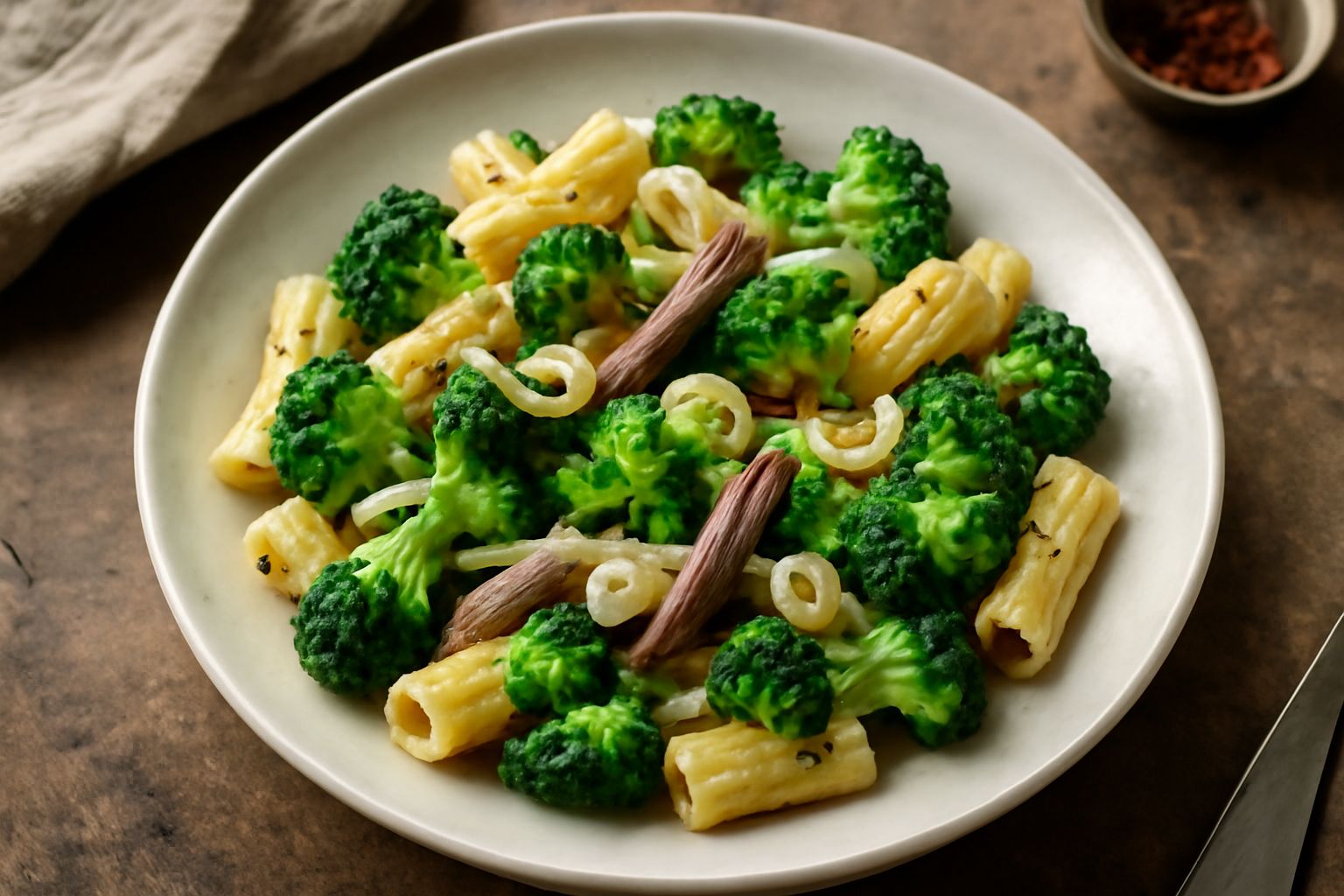 Piatto di pasta con broccoli verdi e acciughe salate, olio d'oliva e aglio dorato, servito in una ciotola bianca con foglie di prezzemolo fresco