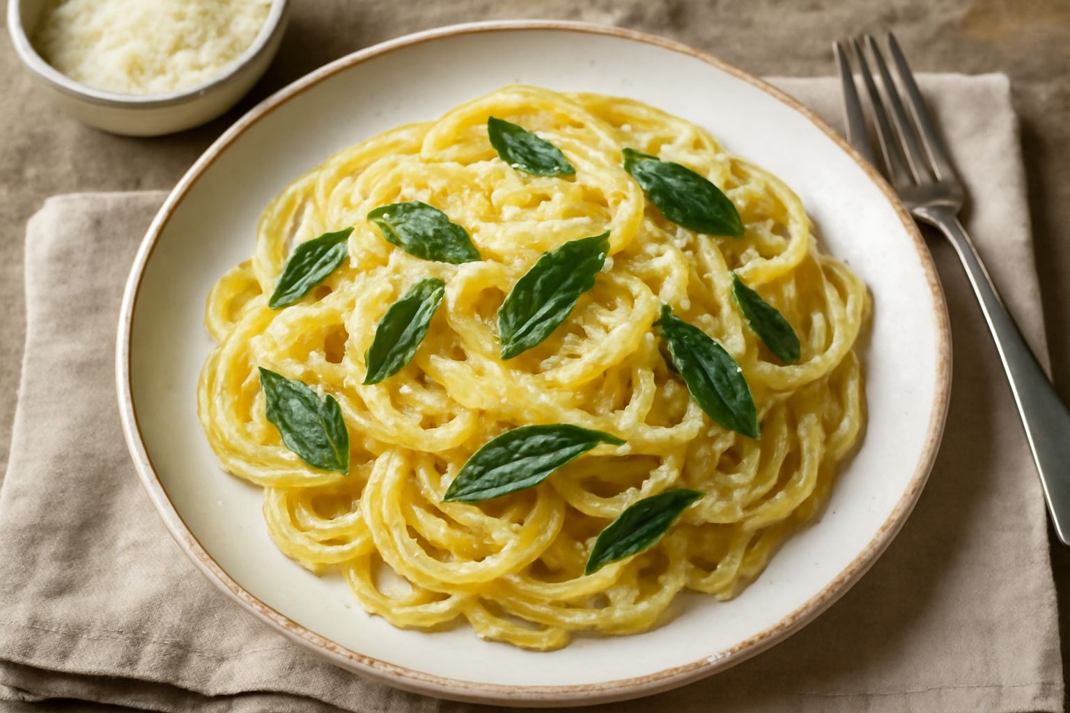 Piatto bianco con pasta lunga mantecata in burro dorato e lucido, foglie di salvia verde scuro distribuite uniformemente, grana di parmigiano grattugiato fine, vapore leggero visibile sopra il piatto,