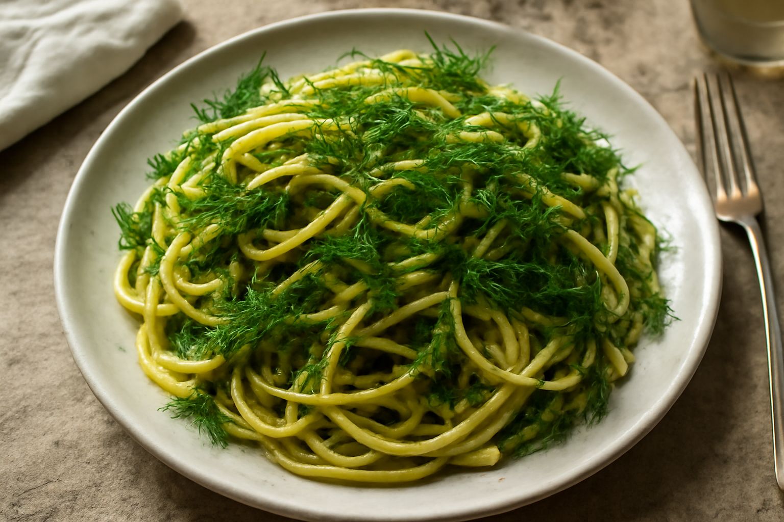 Piatto di pasta corta con finocchietto selvatico verde, olio dorato, aglio e peperoncino sparso in superficie, servito in un piatto bianco fondo su tavolo di legno chiaro