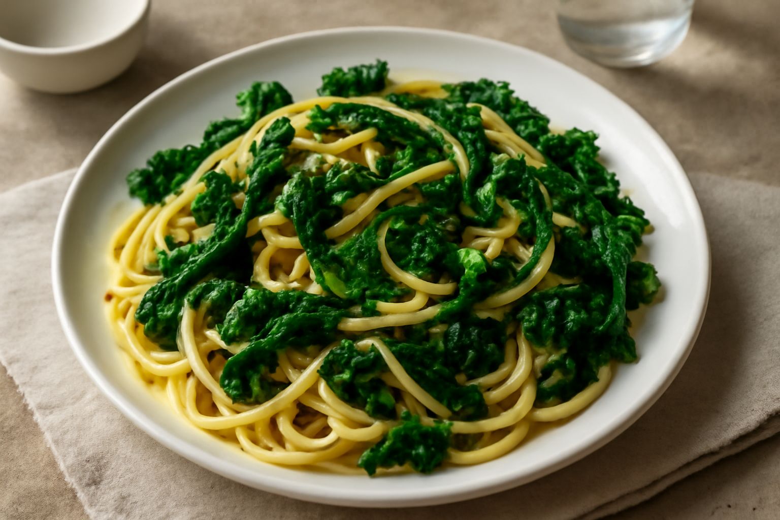 Piatto di pasta spaghetti con foglie di rapa di colore verde scuro, aglio dorato e olio, servito in una ciotola bianca con un filo di olio d'oliva in superficie