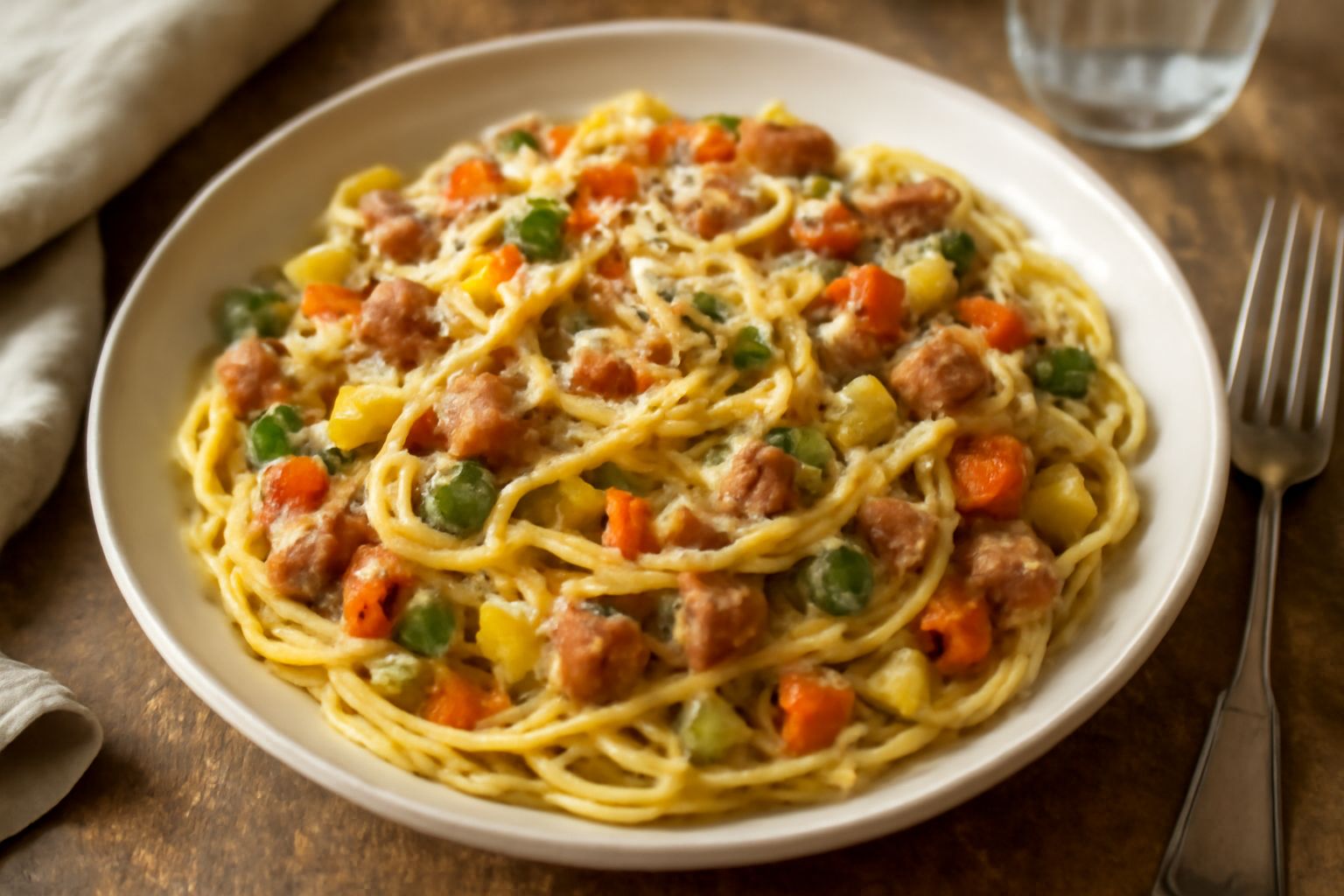 Un piatto fondo di pasta cremosa con pezzetti di verdure verdi e arancioni, cubetti di prosciutto cotto e formaggio dorato filante, spolverato di parmigiano grattugiato, su sfondo bianco
