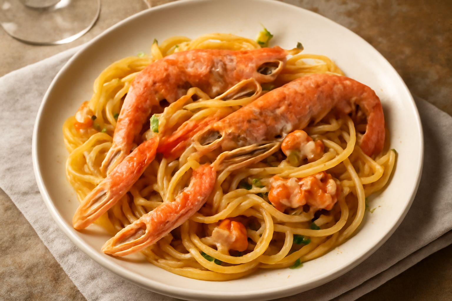 Piatto di pasta linguine con scampi rossi e interi, olio brillante, prezzemolo verde fresco, limone, su tavola di legno scuro
