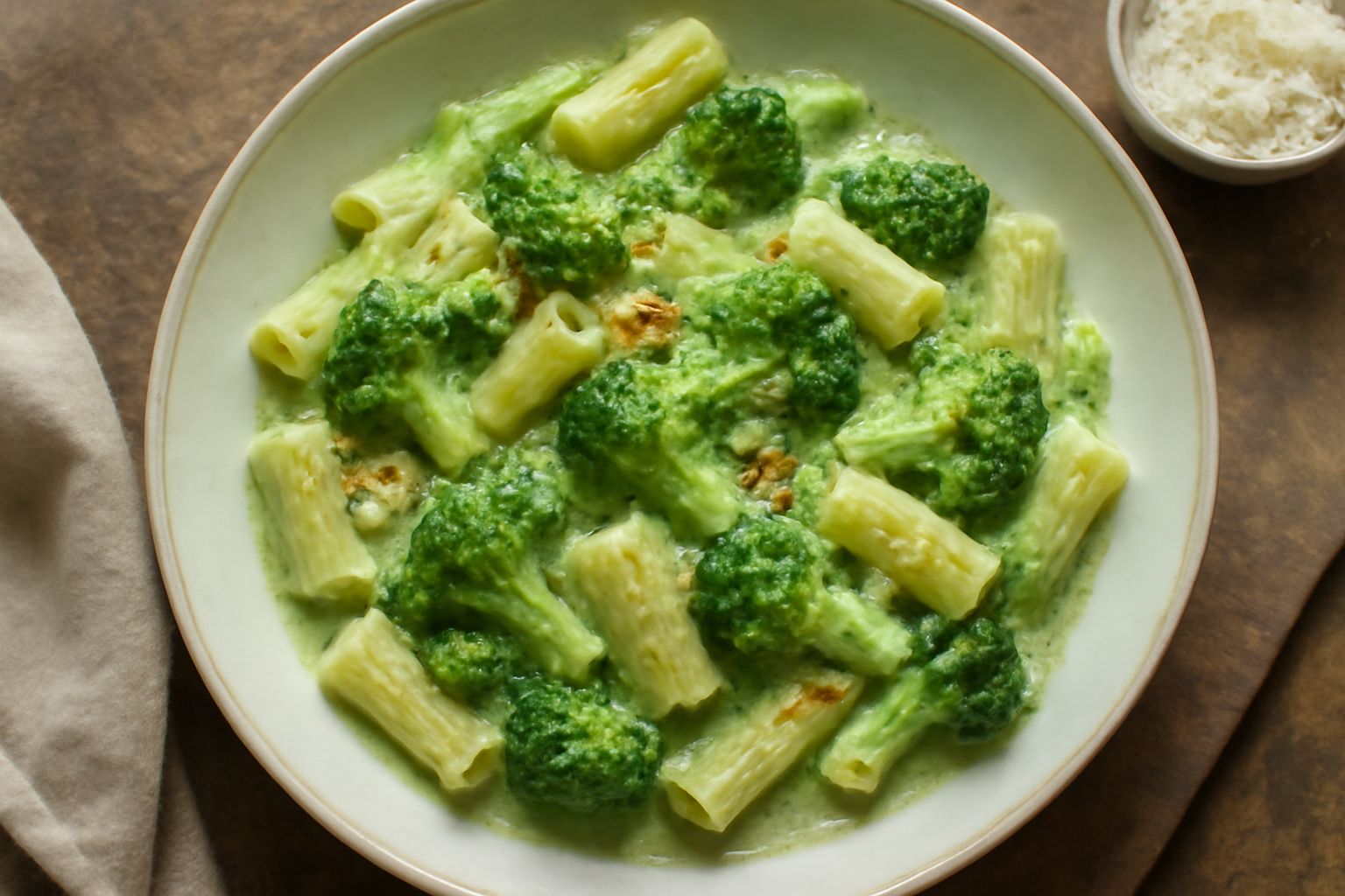 Piatto di pasta penne con broccoli verdi cremosi, aglio dorato, filo di olio extravergine, pepe nero e scaglie di parmigiano grattugiato appena servito