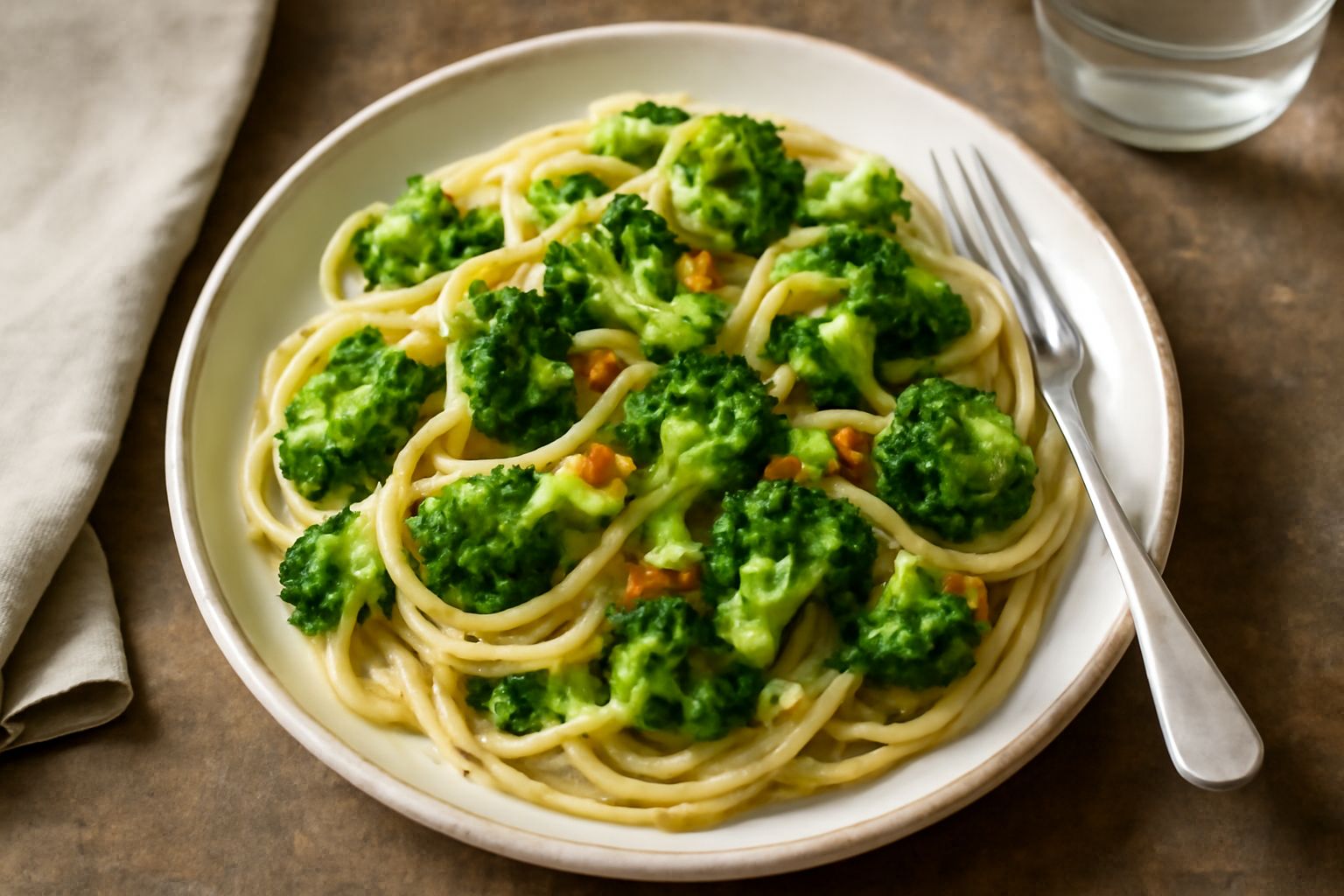 Piatto di pasta con broccoli arriminati: pasta al dente di colore biondo, pezzi di broccolo verde scuro sparsi, aglio dorato e peperoncino rosso, conditi con olio extravergine d'oliva, serviti in un p