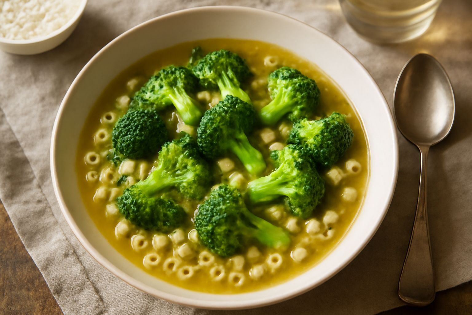 Una ciotola larga di ceramica bianca contiene pasta piccola e broccoli verdi in brodo caldo e trasparente, con un filo d'olio d'oliva in superficie e broccoli interi sparsi tra la pasta.