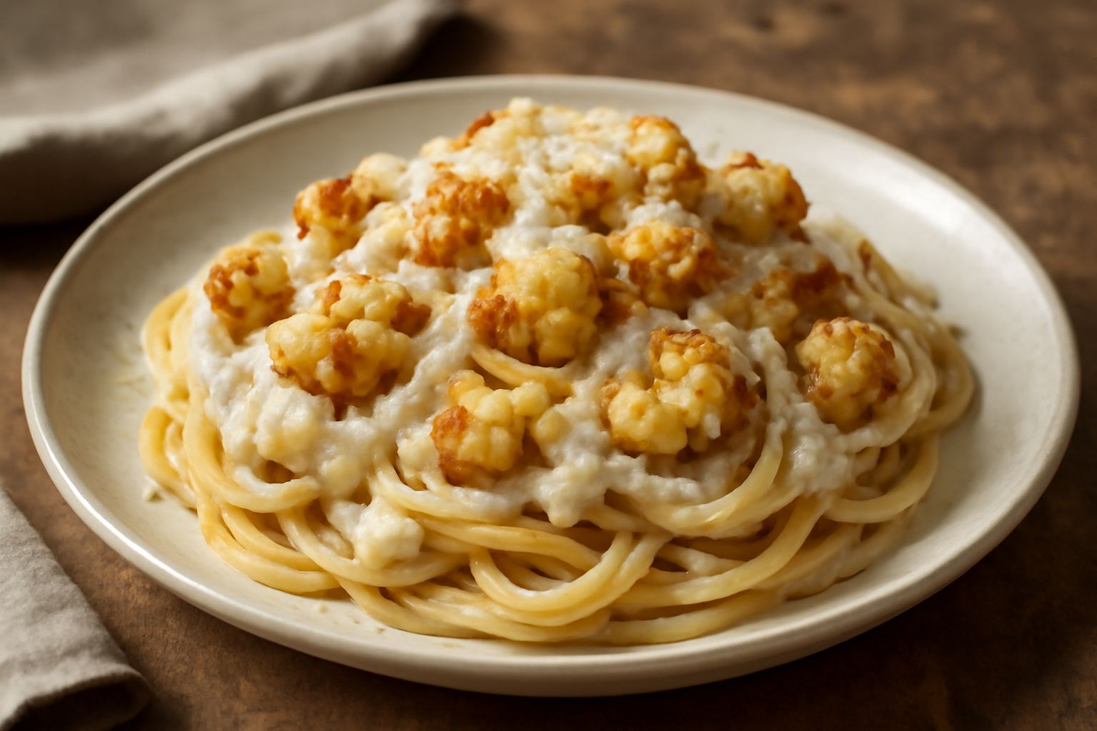Un piatto fondo di pasta con cavolfiore fritto color oro sparso fra gli spaghetti, una vellutata bianca cremosa che ricopre il tutto, parmigiano grattugiato in superficie, servito su piatto bianco con
