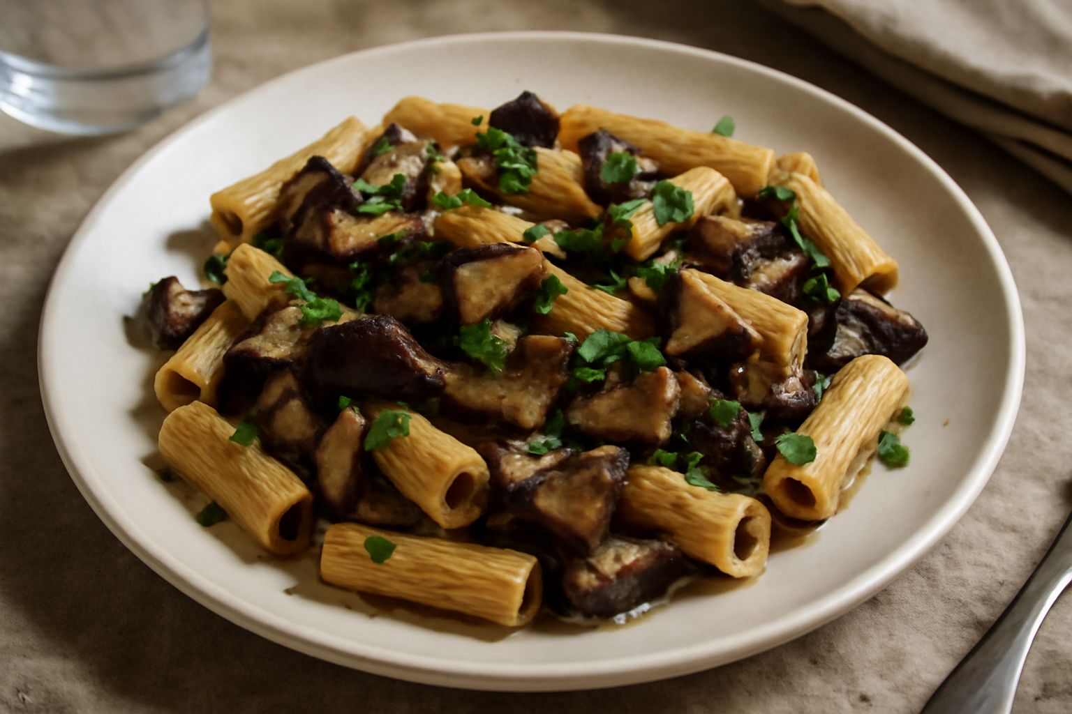 Un piatto di ceramica bianca con pasta lunga color oro, funghi cardoncelli color marrone-sabbia tagliati a strisce, gocce di olio, prezzemolo fresco verde brillante sparso in superficie, su una tavola