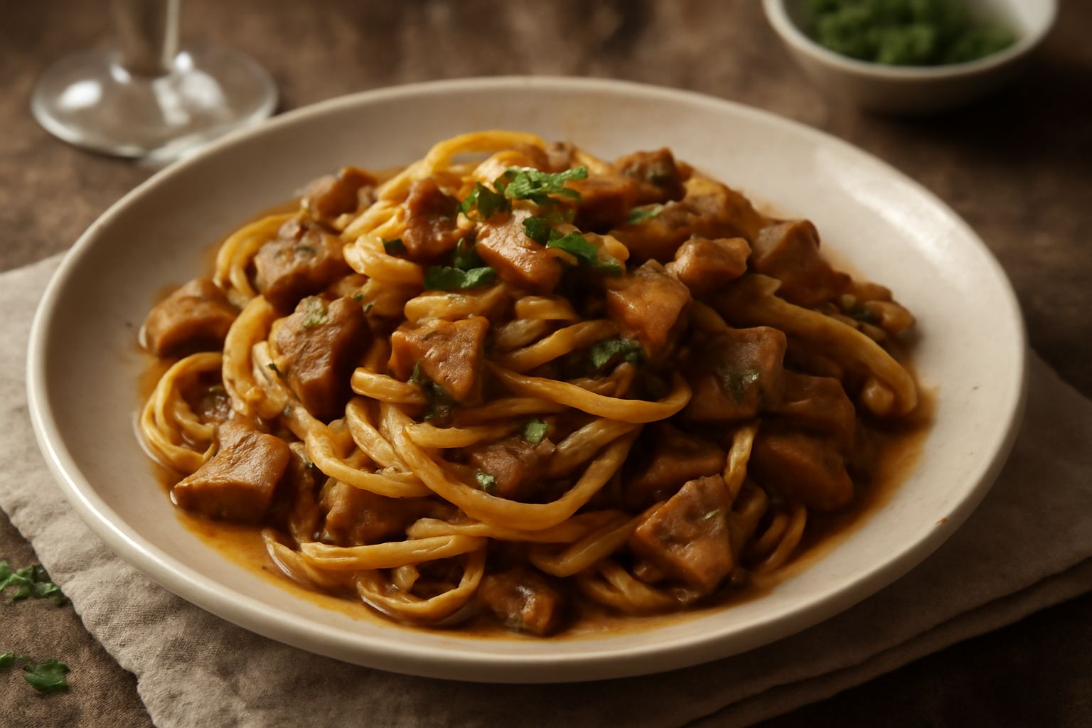 Piatto di pasta tagliatelle con funghi porcini, salsa color nocciola, prezzemolo fresco spezzettato e olio d'oliva, servita in piatto bianco fondo con forchetta