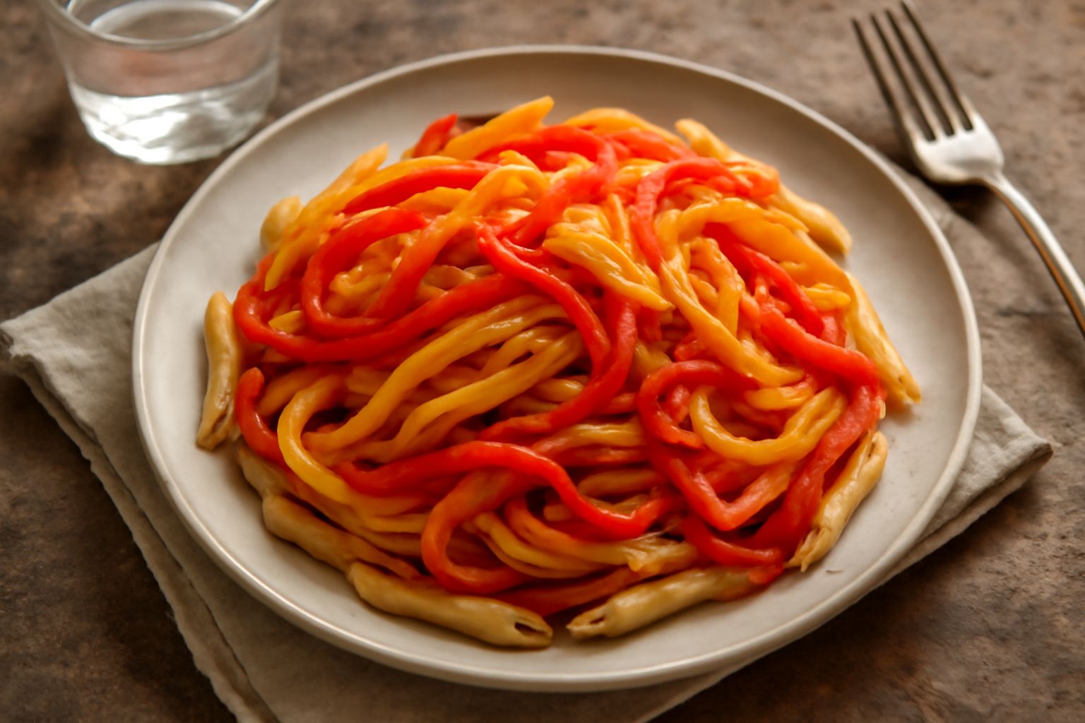 Piatto di pasta penne con peperoni rossi, gialli e arancioni tagliati a striscia sottile, olio d'oliva lucido, aglio dorato e prezzemolo fresco sparso in superficie su fondo bianco