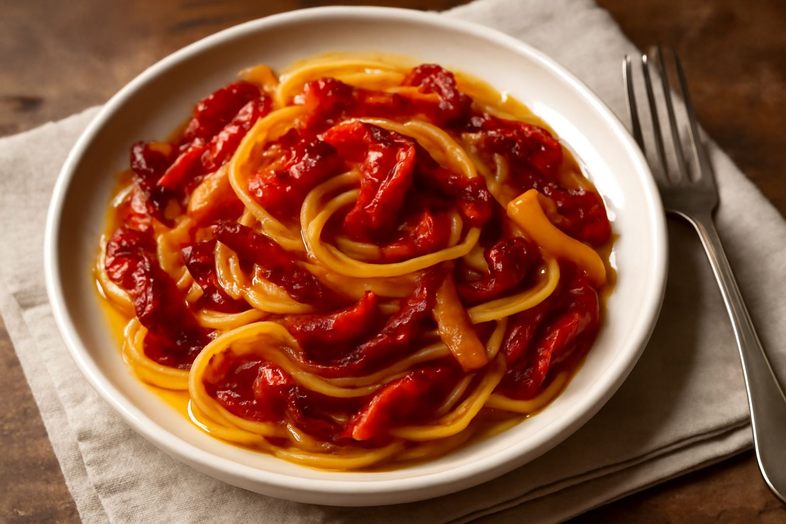 Piatto di pasta bianca condita con peperoni rossi e gialli a strisce sottili, olio lucido, aglio dorato, prezzemolo fresco verde, servito su piatto bianco liscio con fondo scuro