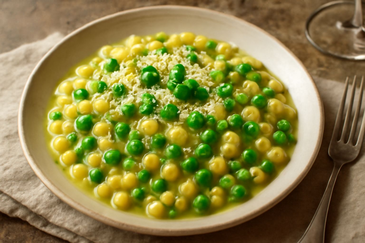 Piatto di pasta con piselli cremosa servita in una ciotola bianca, piselli verdi brillanti e pasta gialla mantecata con salsa, grattugia di Parmigiano-Reggiano e prezzemolo fresco su cima