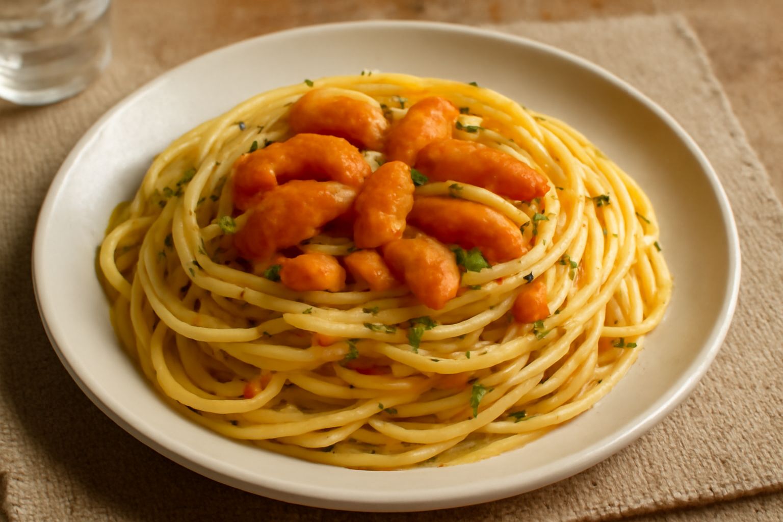 Piatto di pasta con ricci di mare: spaghetti gialli raccolti in nido, conditi con ricci di mare di colore arancio intenso, aglio dorato e prezzemolo fresco verde, serviti in piatto bianco su tavolo di