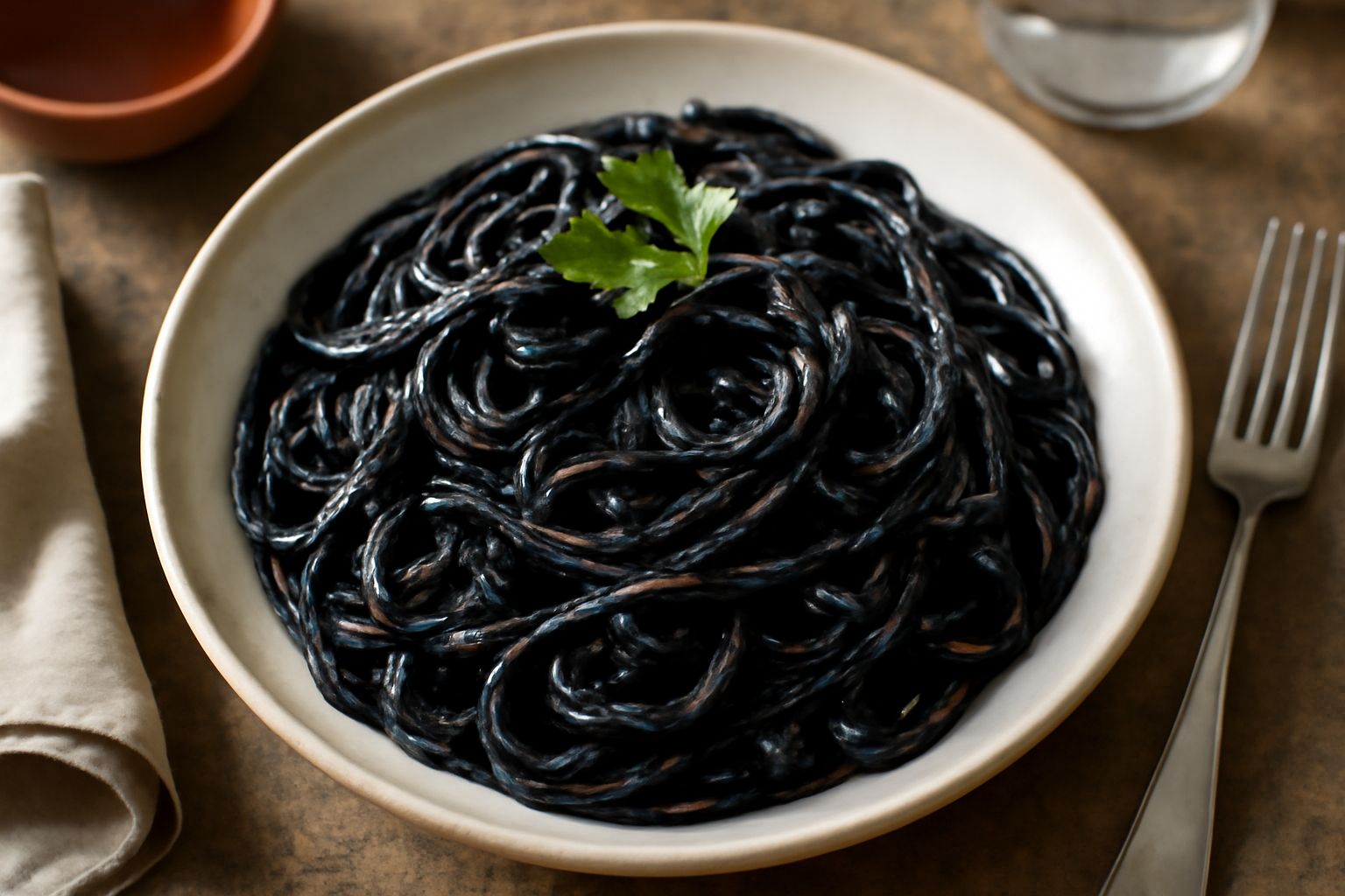 Un piatto fondo di pasta nera lucida con seppia in bianco, condita con olio d'oliva e prezzemolo verde fresco, servita in un piatto bianco di ceramica su una tovaglia grigia