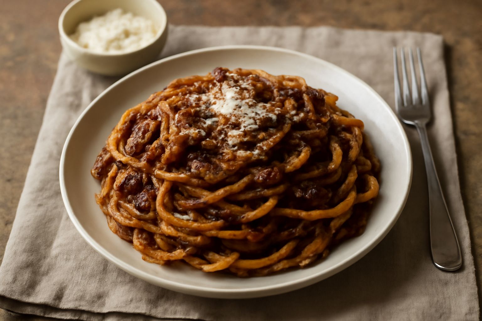Piatto di pasta all'uovo con ragù fatto in casa, sugo scuro e denso che ricopre la pasta, spolverata di parmigiano grattugiato, forchetta di legno sul bordo del piatto