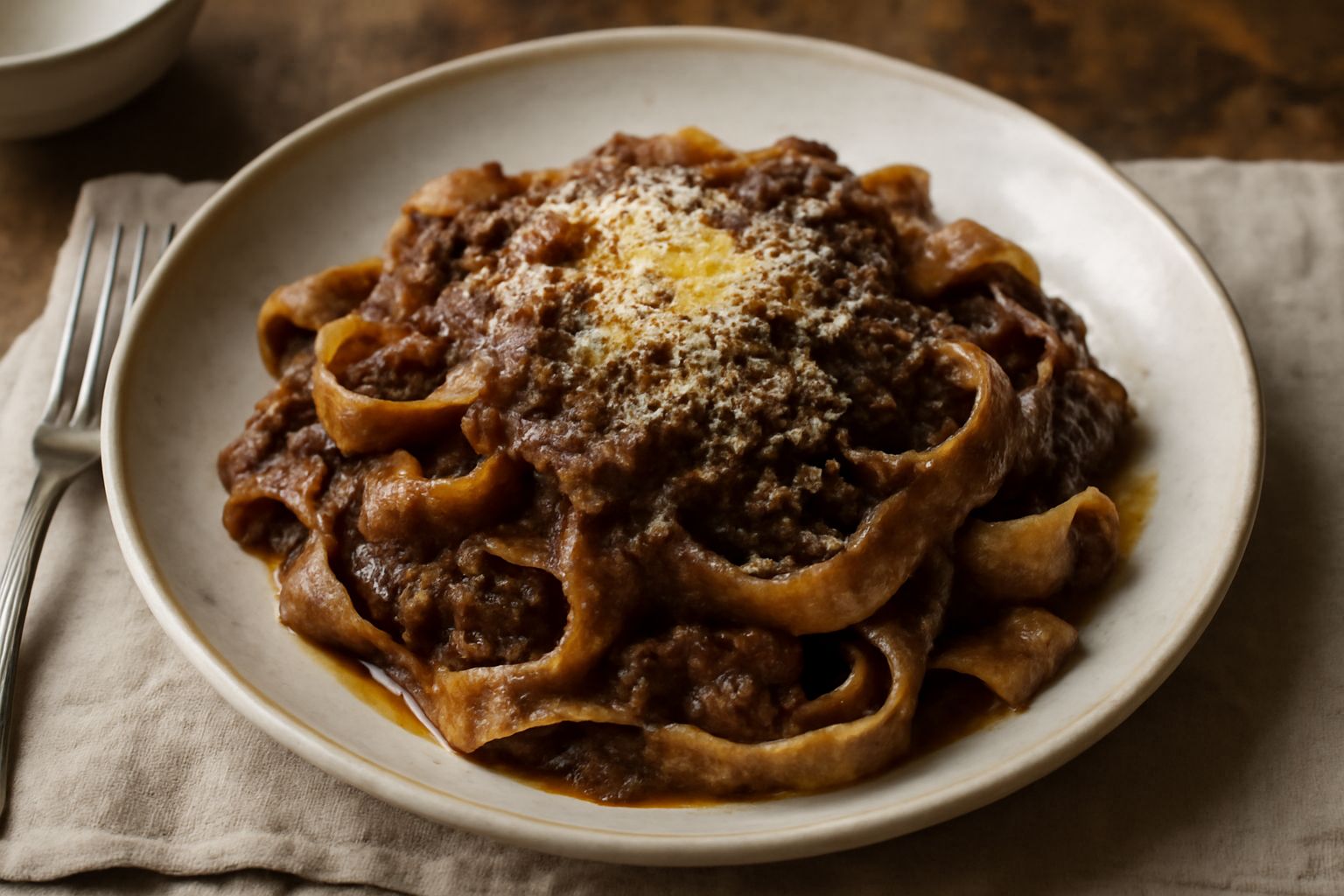 Piatto bianco con pasta lunga ricoperta di ragù marrone rossiccio a base di capra macinata, guarnito con parmigiano grattugiato bianco e un filo di olio verde, su fondo neutro