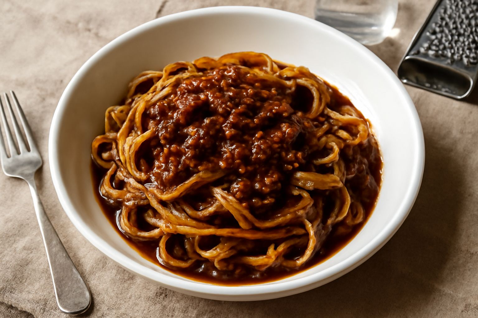 Piatto di pasta tagliatelle color ambrato ricoperta da ragù di carne marrone scuro con sfumature rosse, grattugiata di parmigiano bianco in cima, su fondo bianco