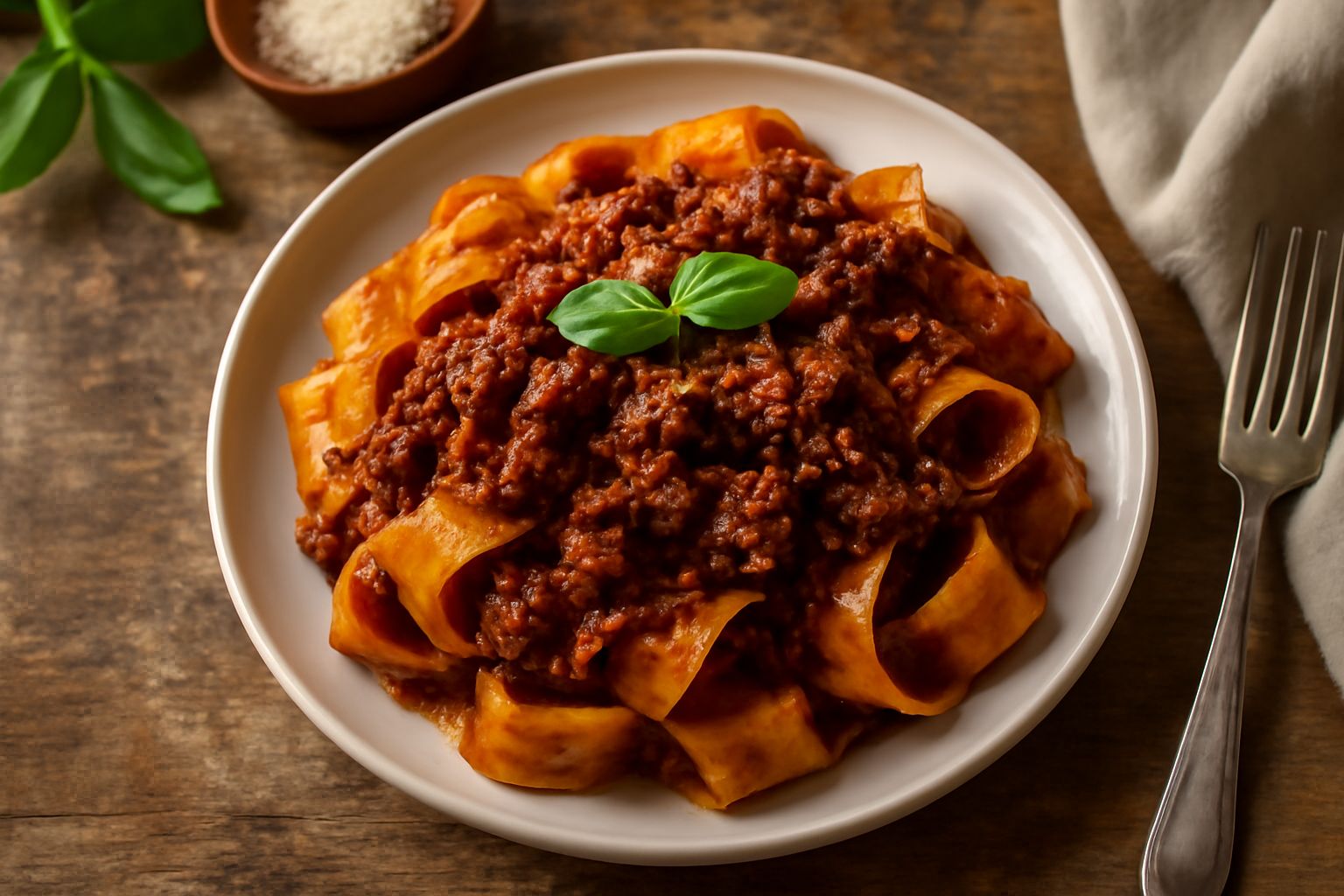 Piatto di pasta fresca con ragù di cinghiale scuro e denso, guarnito con basilico fresco e parmigiano grattugiato, servito su piatto bianco fondo