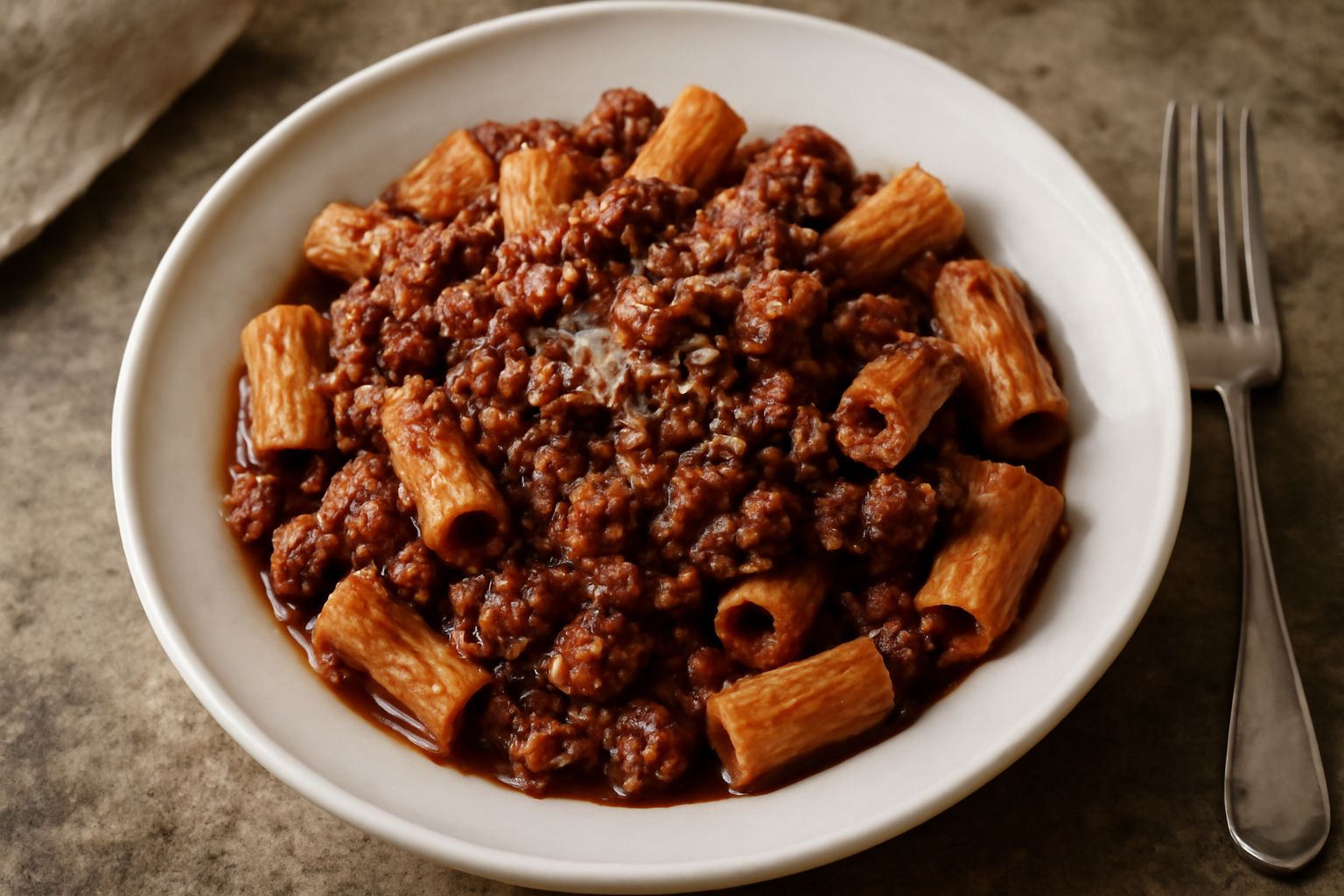 Piatto di pasta formato penne o rigatoni condita con ragù rosso scuro di frattaglie, spolverata di parmigiano grattugiato e prezzemolo fresco, servita in un piatto bianco fondo