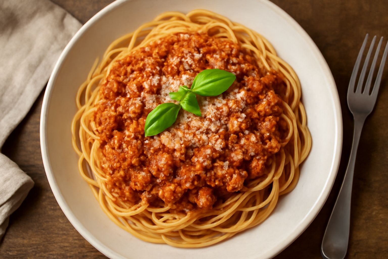Piatto di pasta bianca condita con ragù marrone-rosso, guarnito con formaggio grattugiato e una foglia di basilico fresco, servito su un piatto bianco ceramica
