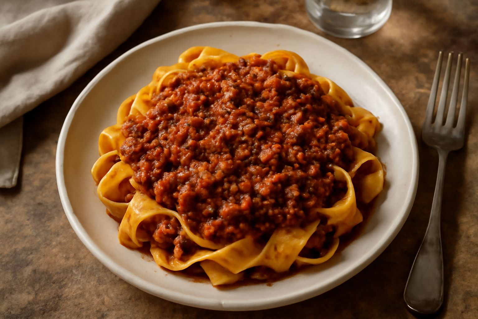 Piatto di pasta pappardelle condita con ragù marrone scuro, guarnita con parmigiano grattugiato e prezzemolo fresco tritato, servita su piatto bianco fondo