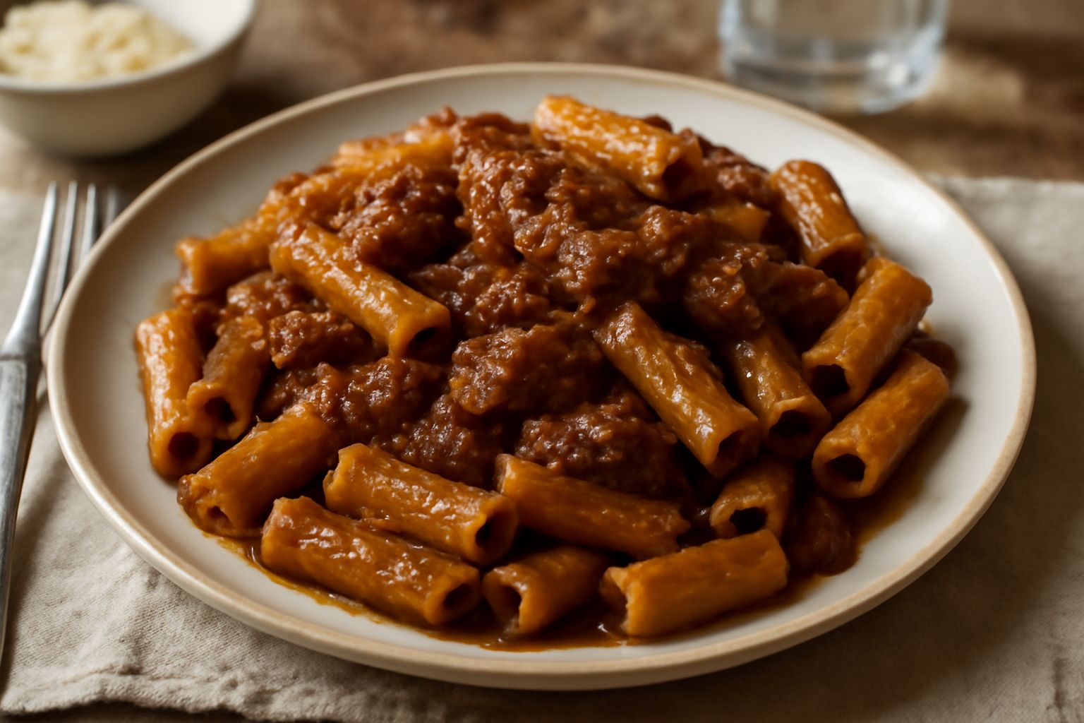 Piatto di pasta rigatoni condita con ragù scuro e denso, ragù visibile tra le scanalature, pezzetti di carne macinata, pomodoro concentrato, ciotola di parmigiano grattugiato accanto, forchetta pianta
