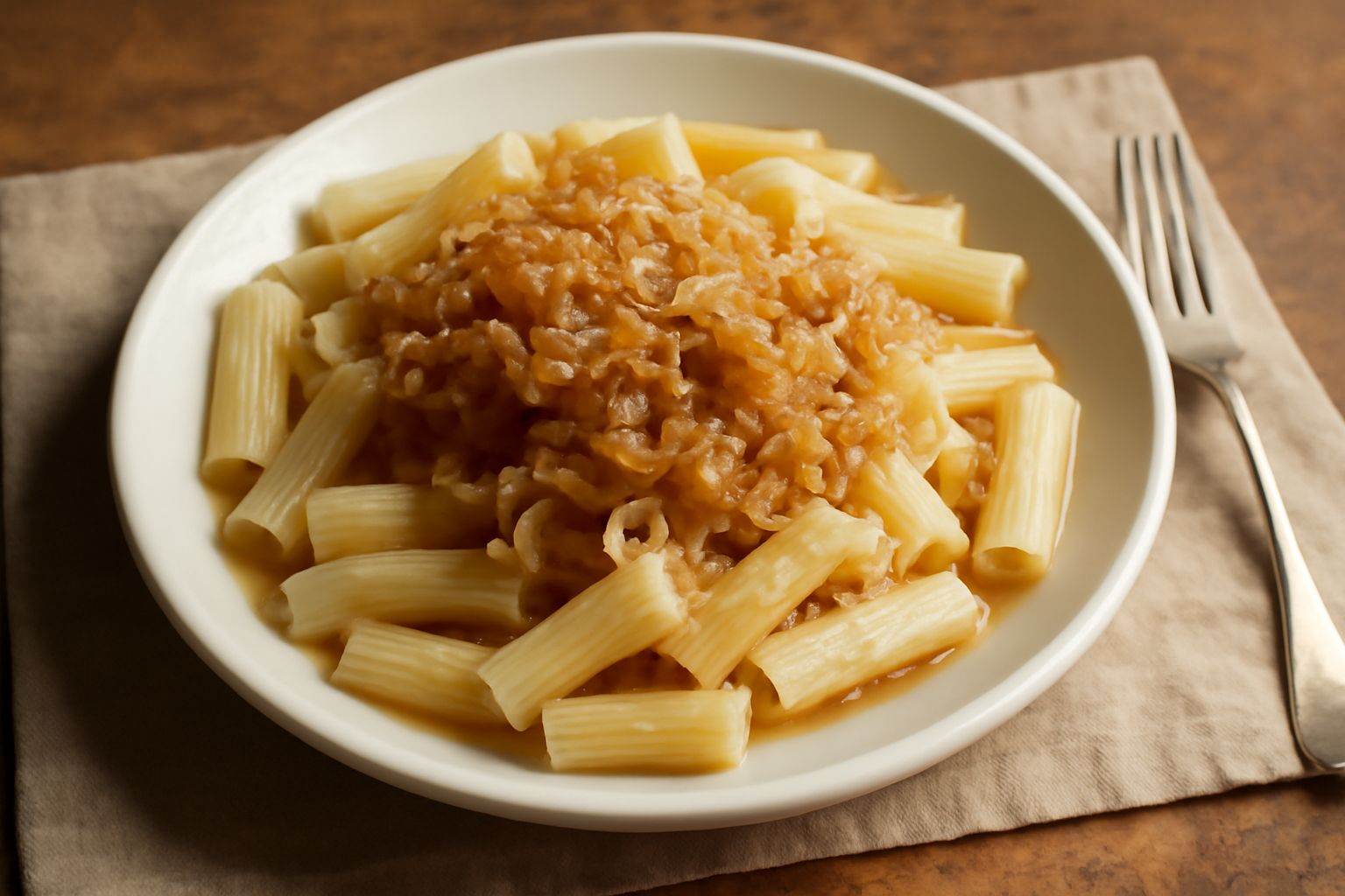 Piatto di pasta bianca servito su ceramica blu, con soffritto di cipolla dorata e trasparente, gocce d'olio brillante, formaggio grattugiato bianco e prezzemolo verde fresco sparso sopra