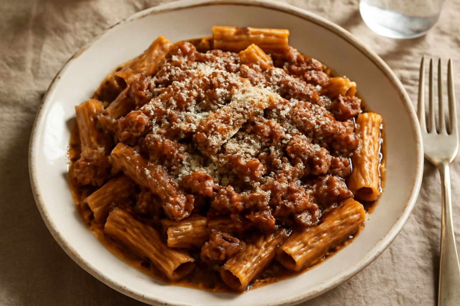 Piatto di pasta alle penne rigate condite con sugo d'agnello denso e brunastro, garnito con parmigiano grattugiato, forchetta poggiata sul bordo, tovaglia di lino bianca