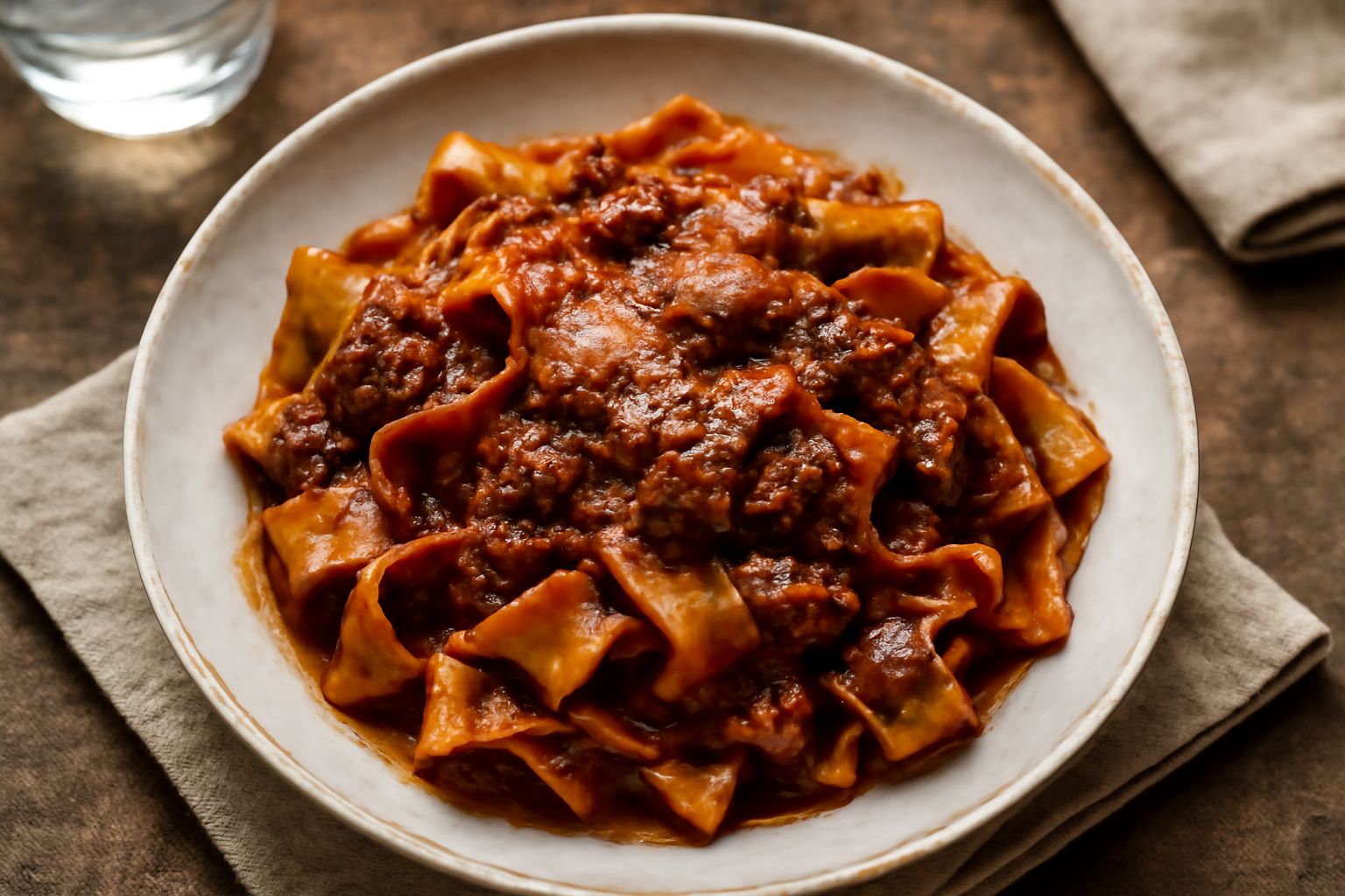 Piatto di pasta cremosa marrone-rosso con residui di carne e pomodoro, coperto leggero di formaggio grattugiato, peccorino o parmeggiano, in un piatto bianco fondo con cucchiaio di legno accanto