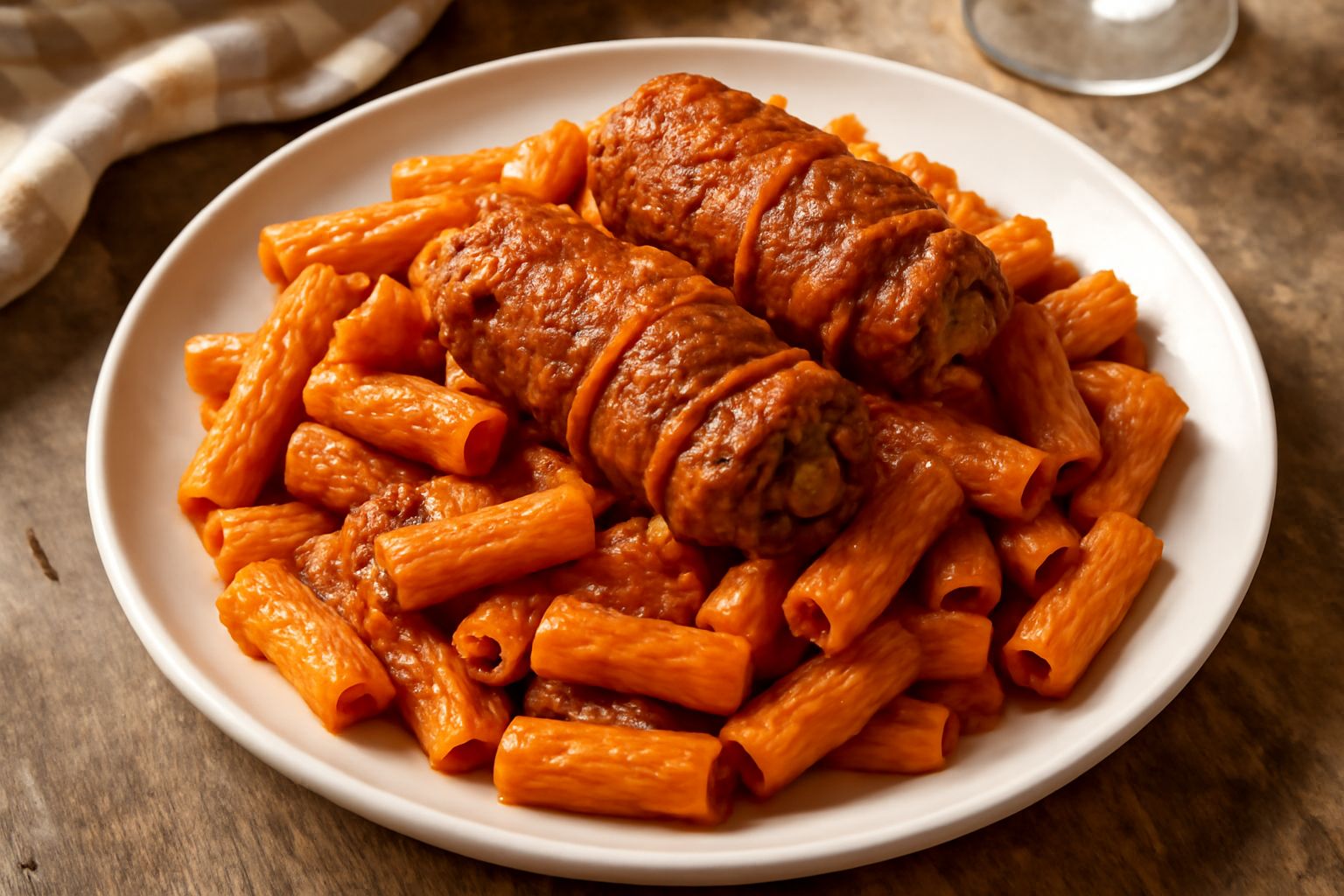 Piatto di pasta bianca rigatoni condita con sugo denso e marrone scuro, due fettine di braciola di manzo arrotolate visibili sopra, cosparto di parmigiano grattugiato, pepe nero macinato al momento