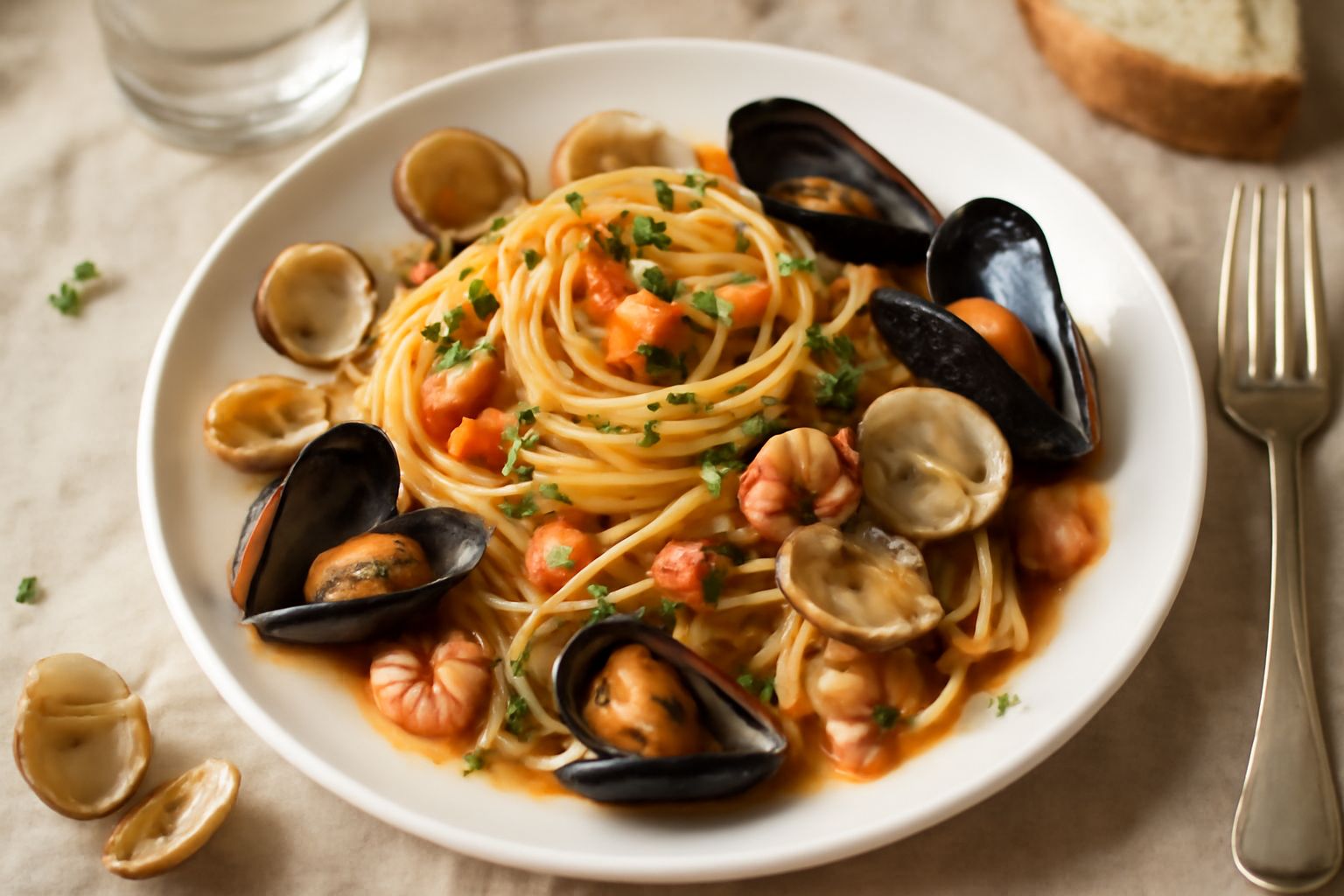 Piatto di pasta alle vongole e cozze con sugo di mare bianco, garnito di prezzemolo fresco verde, servito in un piatto bianco profondo con frutti di mare visibili tra gli spaghetti dorati