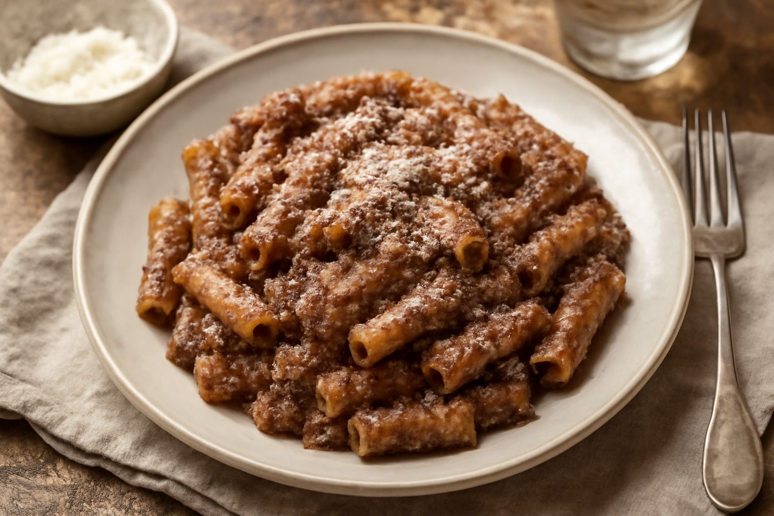 Piatto di pasta rigatoni con sugo di melanzane cremoso e violaceo, guarnito con basilico fresco verde, grattugia di parmigiano bianco, servito in piatto bianco, su fondo di legno