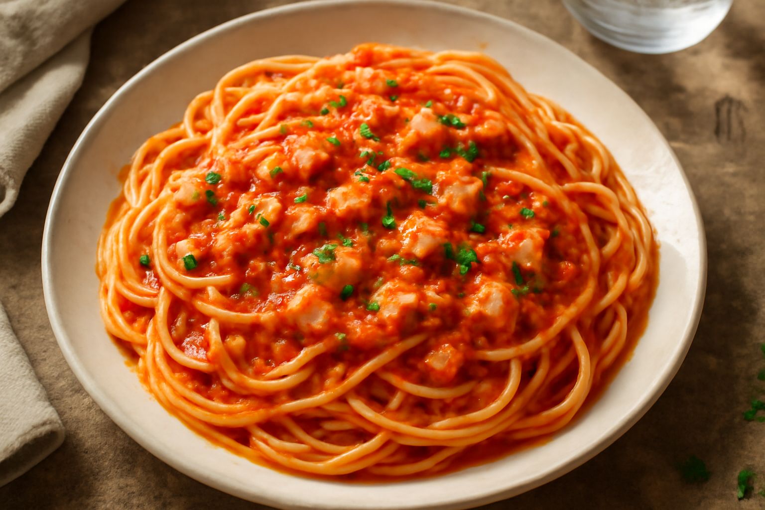 Piatto di pasta con sugo di pesce: spaghetti o linguine ricoperti di sugo rosso con frammenti visibili di pesce bianco, aglio soffritto, condito con prezzemolo fresco tritato e filo di olio extravergi