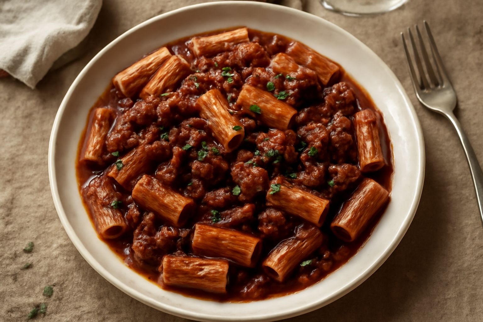 Piatto di pasta con sugo di polpo scuro e denso, rigatoni o spaghetti ricoperti di salsa rossastra con pezzetti visibili di polpo, guarnito con prezzemolo fresco verde e gocce di olio d'oliva, servito