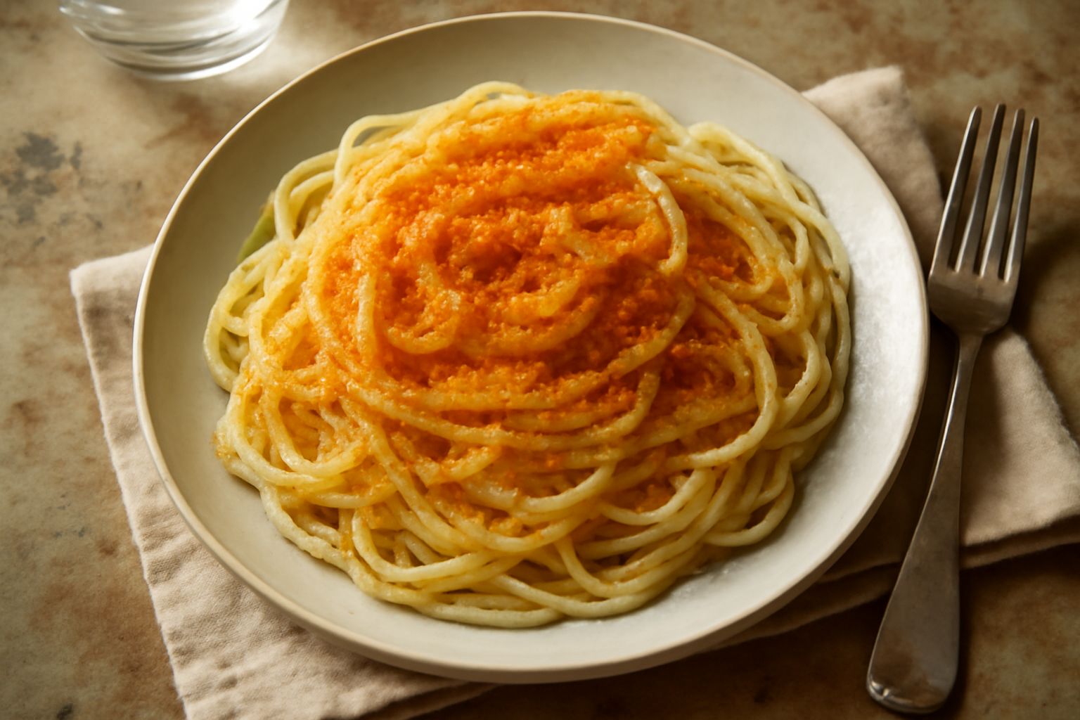 Piatto di spaghetti con bottarga grattugiata color ambra dorato su pasta cremosa al burro, con gocce d'olio d'oliva e pepe nero macinato al momento, servito in una ciotola bianca profonda su tavolo di