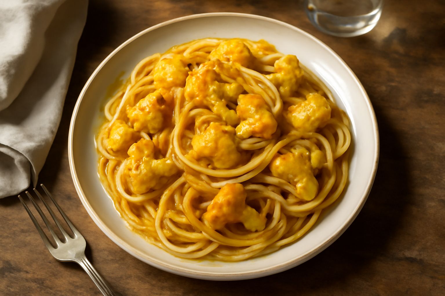 Piatto di pasta bianca con cavolfiore giallo dorato e pezzetti croccanti, olio d'oliva lucido in superficie, pepe nero visibile, servito in ciotola bianca su tavolo di legno
