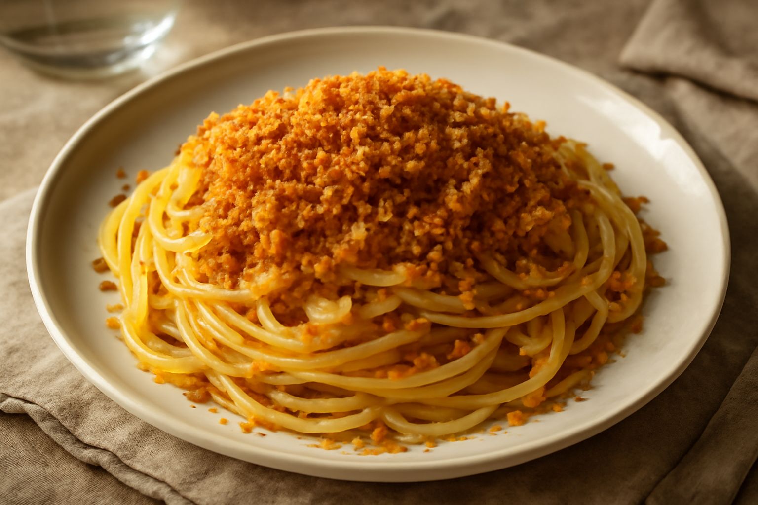 Piatto di spaghetti con mollica dorata e croccante, aglio rosso, peperoncino spezzato e olio d'oliva brillante, condito e fumante in ciotola bianca