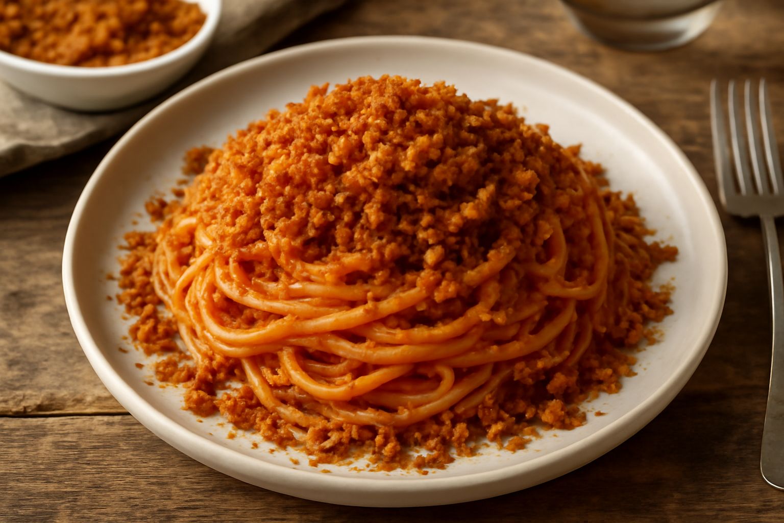 Piatto di pasta con spaghetti conditi di salsa di pomodoro, ricoperto da uno strato abbondante di mollica fritta dorata e croccante, guarnito con prezzemolo fresco e un filo di olio d'oliva