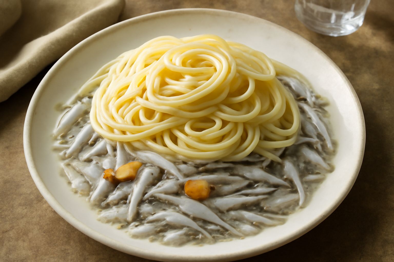 Piatto di pasta con neonata: spaghetti bianchi al dente ricoperti di piccoli pesci trasparenti e grigio argento, gocce di olio d'oliva brillante, aglio dorato e peperoncino rosso, servito in ciotola b