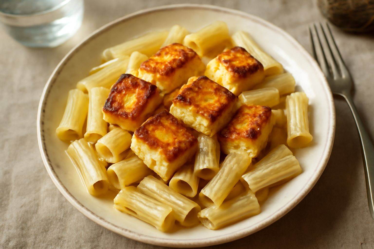 Piatto bianco con pasta penne condita con cubetti di ricotta fritta color oro, pepe nero visibile, olio lucido in superficie, servito con pane tostato