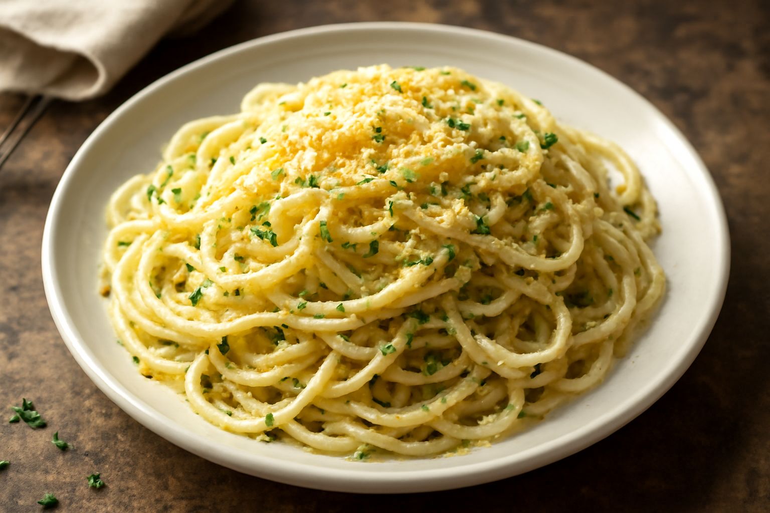 Piatto di pasta rigatoni bianca condita con ricotta salata grattugiata, prezzemolo fresco verde, filo di olio d'oliva dorato. Piatto di ceramica bianca, forchetta accanto, tovaglia in lino color crema