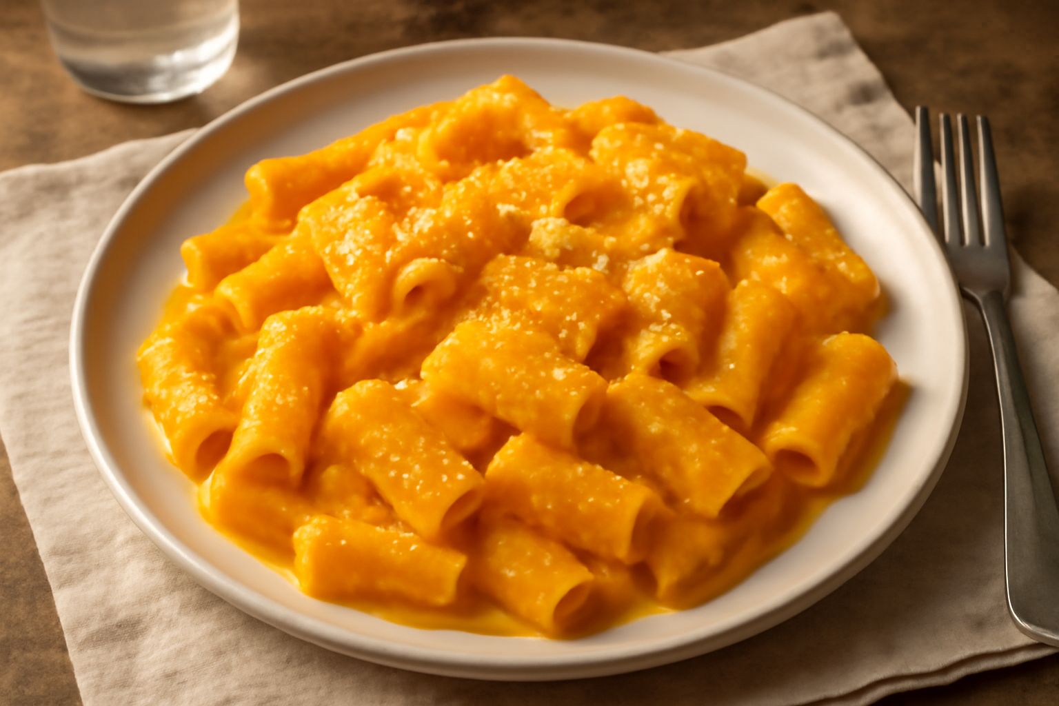 Piatto di pasta rigatoni con crema di zucca arancione, guarnito con formaggio grattugiato bianco e un filo di olio, in piatto bianco su tavolo grigio