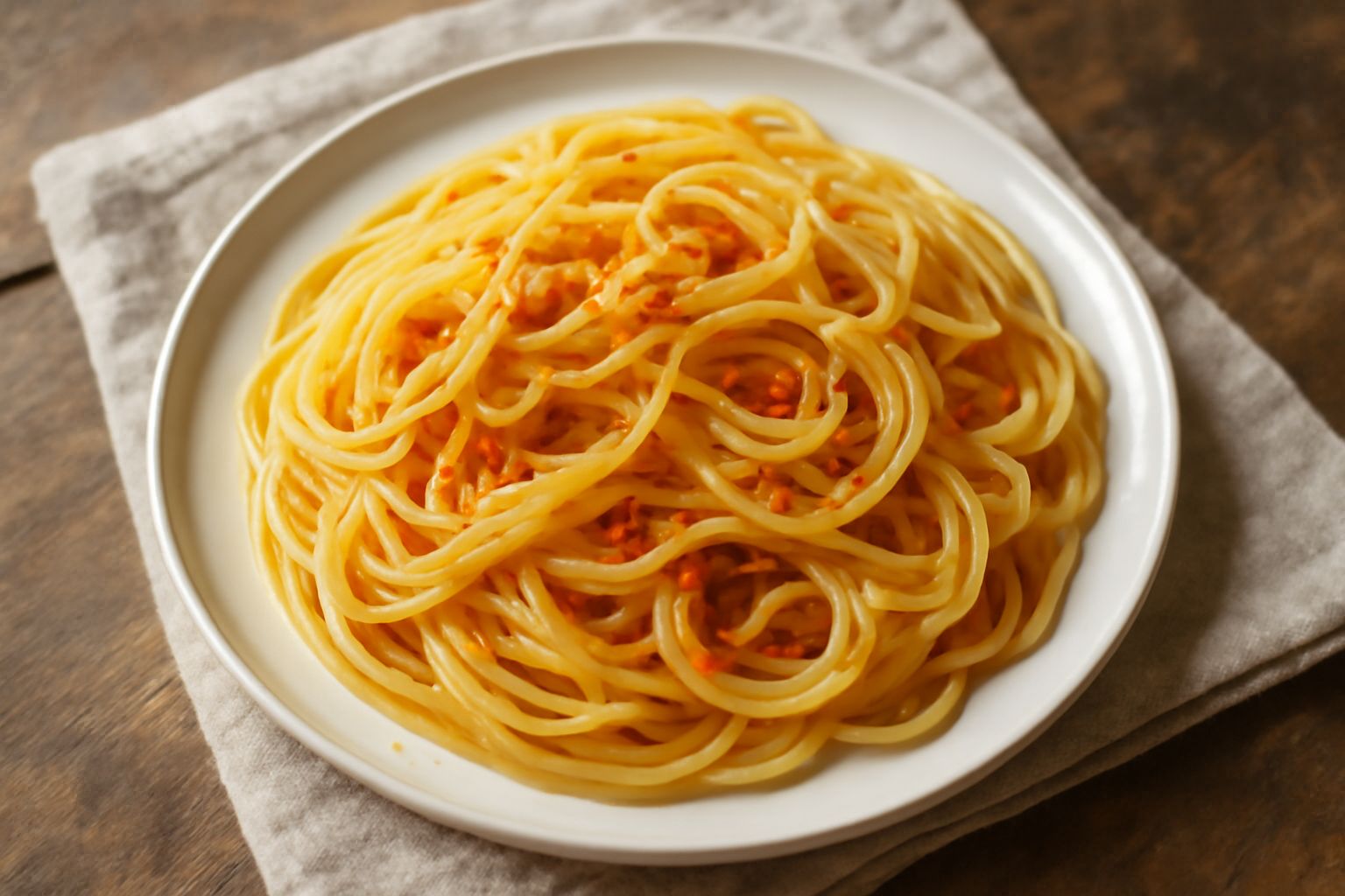 Spaghetti con aglio e olio in un piatto bianco, con gocce di olio extravergine lucido, aglio brunito e peperoncino rosso sparso sopra