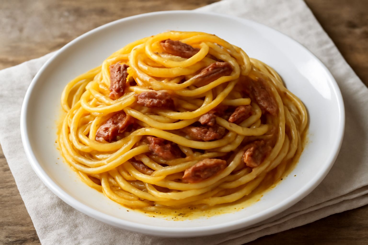 Piatto bianco con pasta spaghetti ricoperta di salsa dorata contenente filetti di acciuga, gocce di olio d'oliva lucido, aglio sottile e prezzemolo verde fresco, servito su tavolo di legno