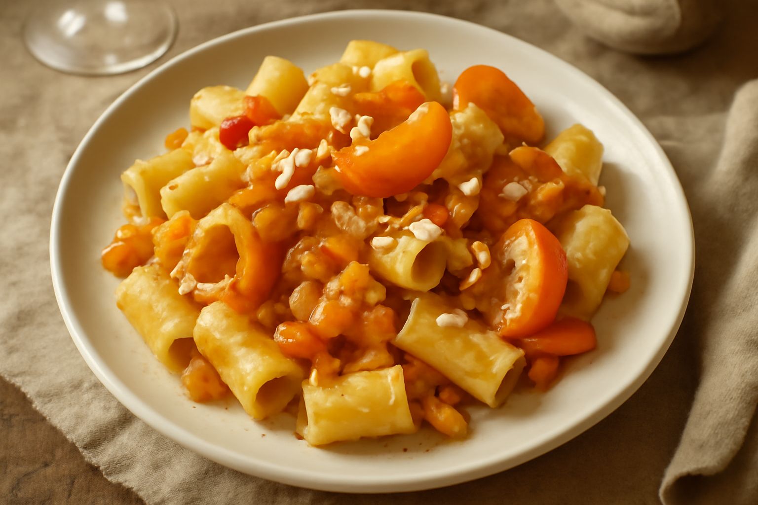 Pasta al dente con dadini di albicocche gialle e arancioni, noci tostate, un filo di olio e foglie di menta fresca in un piatto bianco