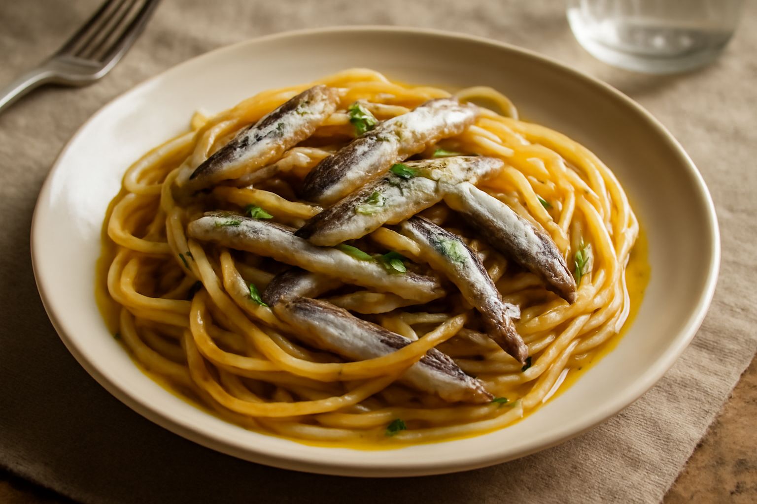 Piatto di pasta con alici: spaghetti bianchi ricoperti di alici argentate e olio d'oliva dorato, guarniti con prezzemolo verde e peperoncino rosso, serviti in ciotola bianca