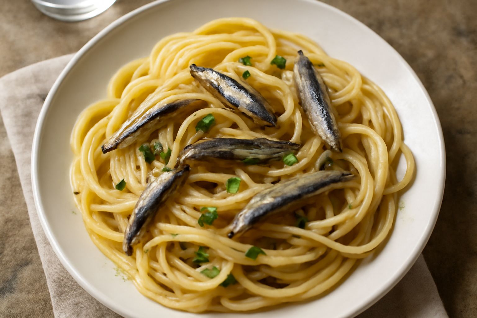 Piatto di pasta spaghetti con alici salate, olio verde chiaro lucido, fili di prezzemolo fresco verde su fondo bianco, servito in piatto di ceramica