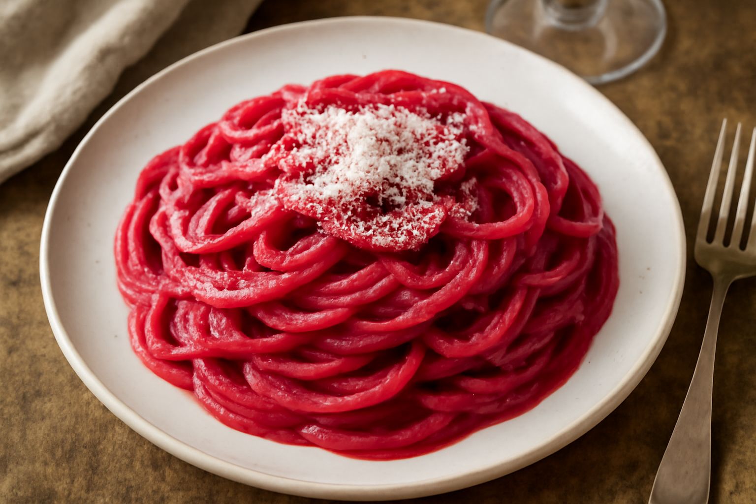 Piatto di pasta lunga rosso intenso, cremosa, con barbabietole frullate che avvolgono spaghetti o tagliatelle, guarnito con parmigiano grattugiato e una foglia di rucola fresca, fondo bianco