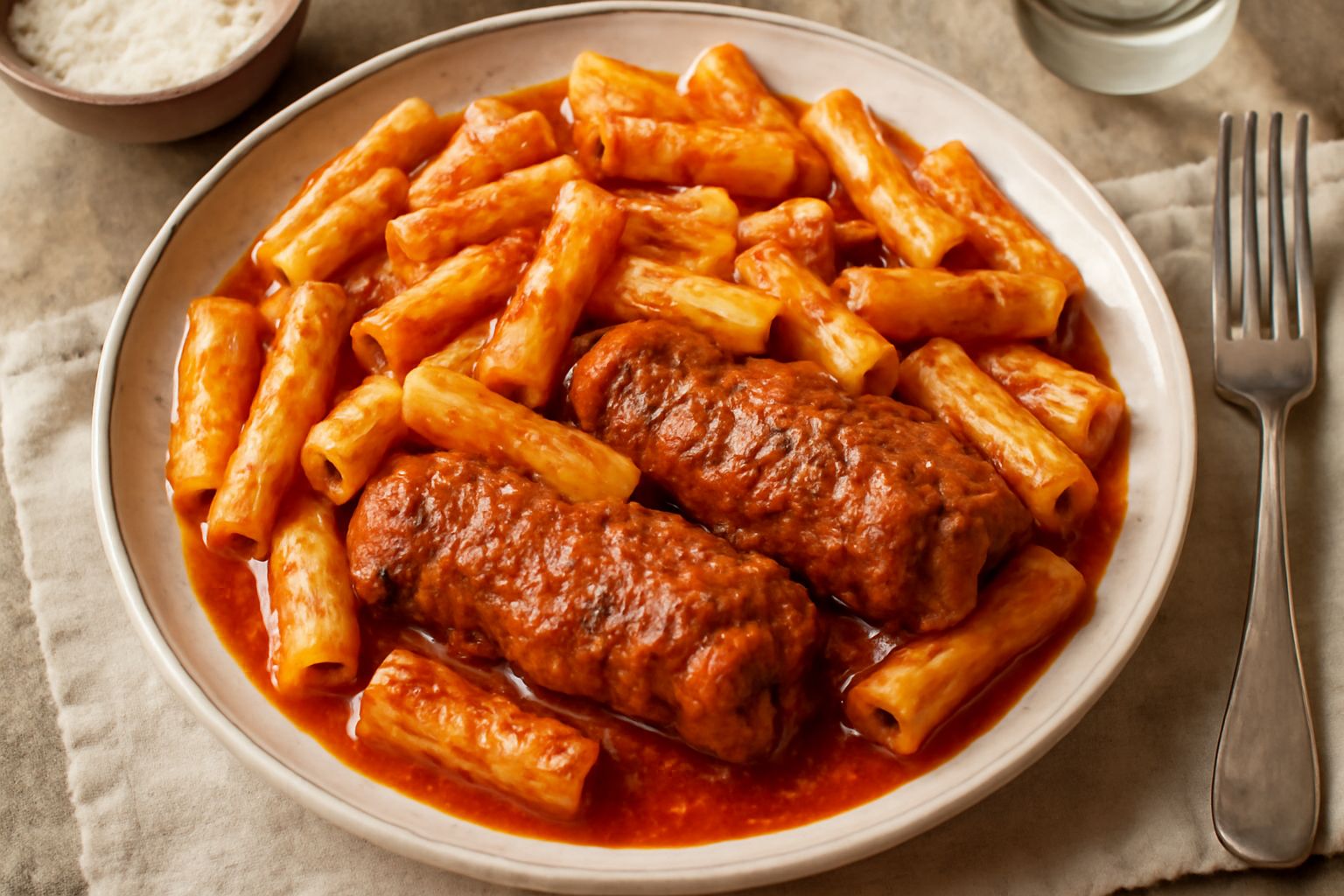 Piatto di pasta rigatoni con braciole di carne marrone scuro immerse in sugo di pomodoro rosso intenso, cosparte di prezzemolo verde fresco, grana grattugiato bianco, su fondo bianco